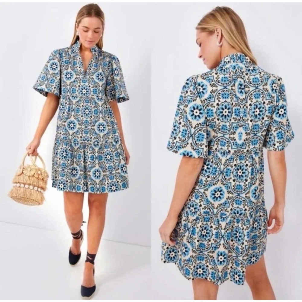 Tuckernuck Golden Medallion Crawford Dress M tiered ruffle blue white coastal